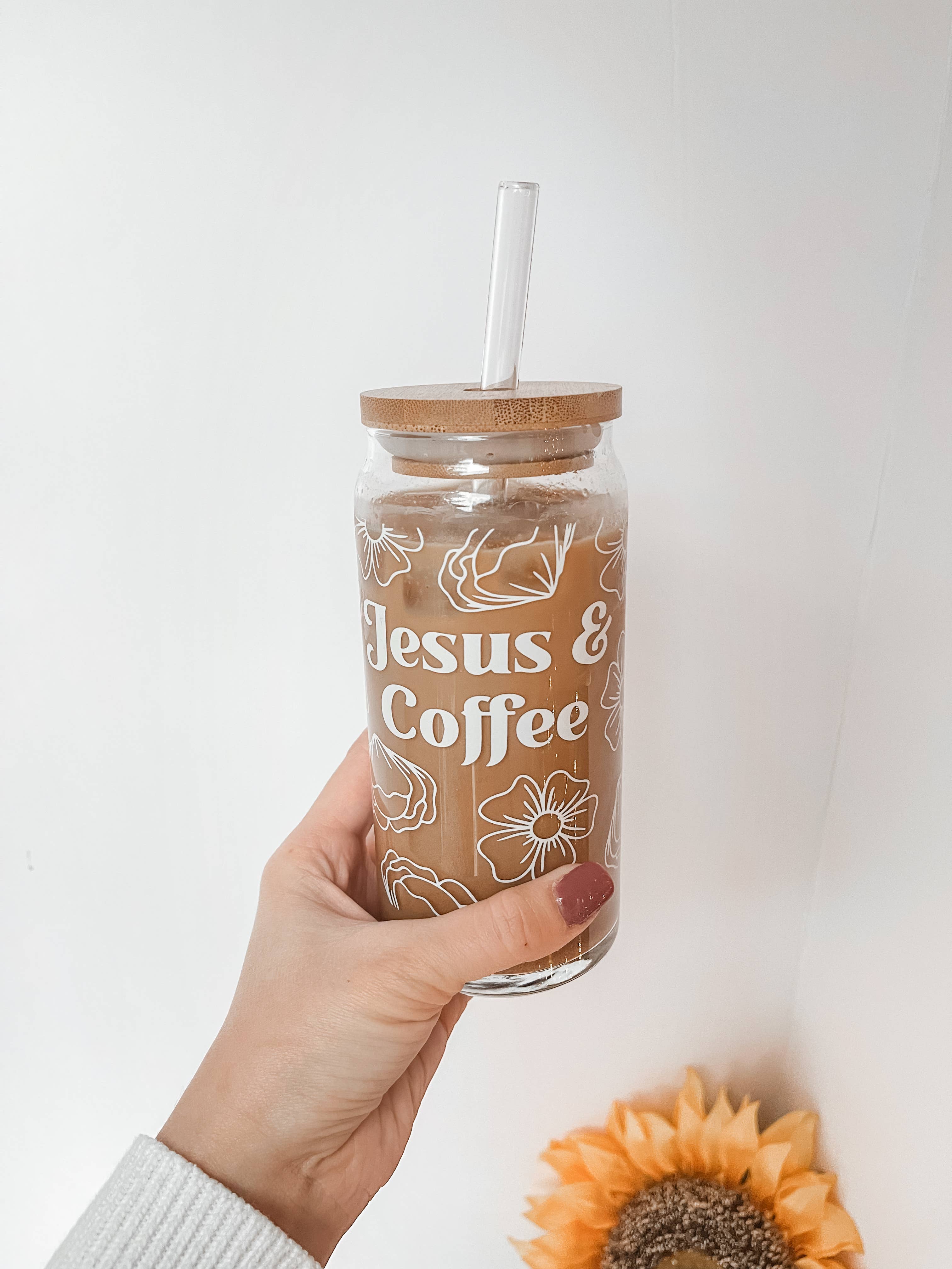 16 oz Jesus and Coffee Glass Can, Dishwasher Safe