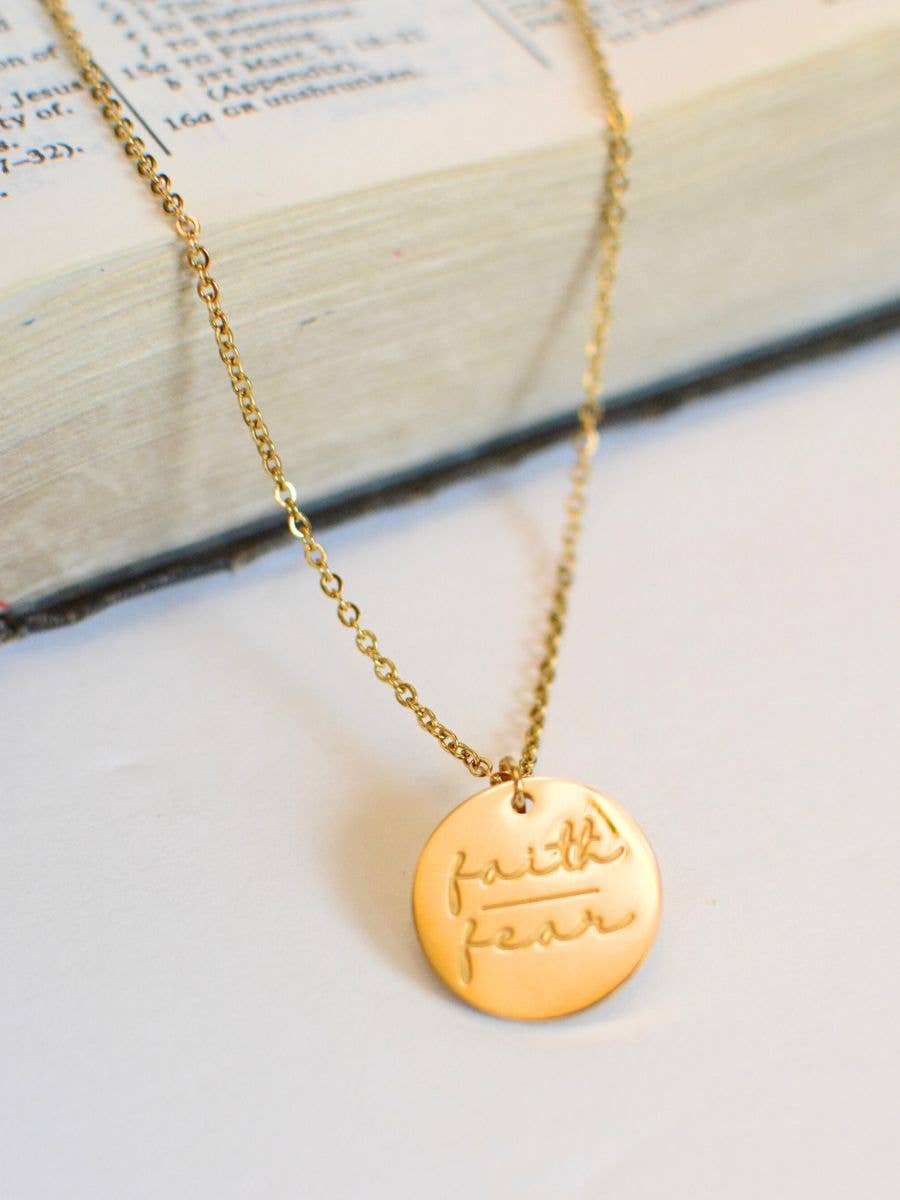 Faith over Fear gold Christian bible charm necklace