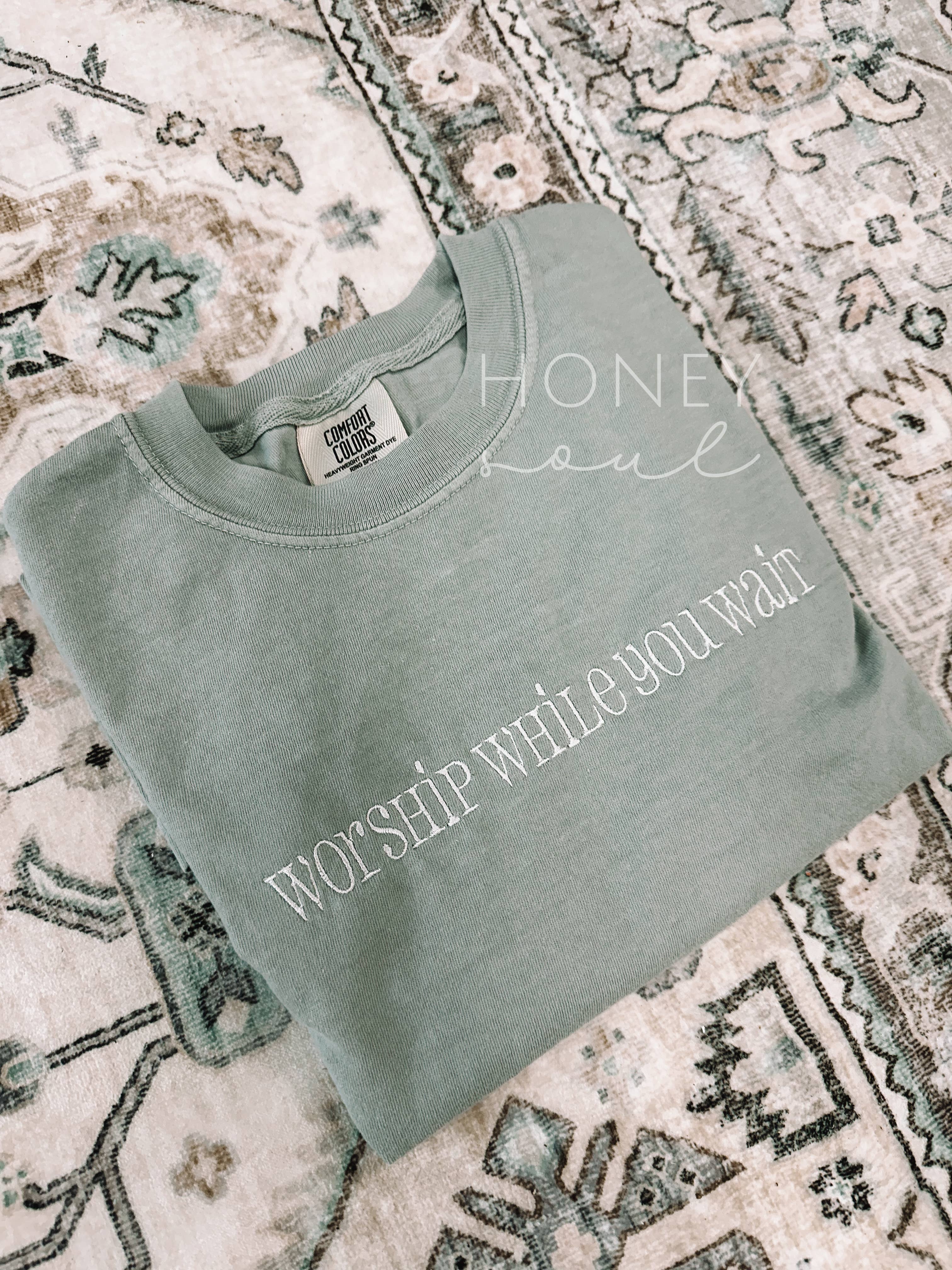 Embroidered Worship While You Wait Summer Tee