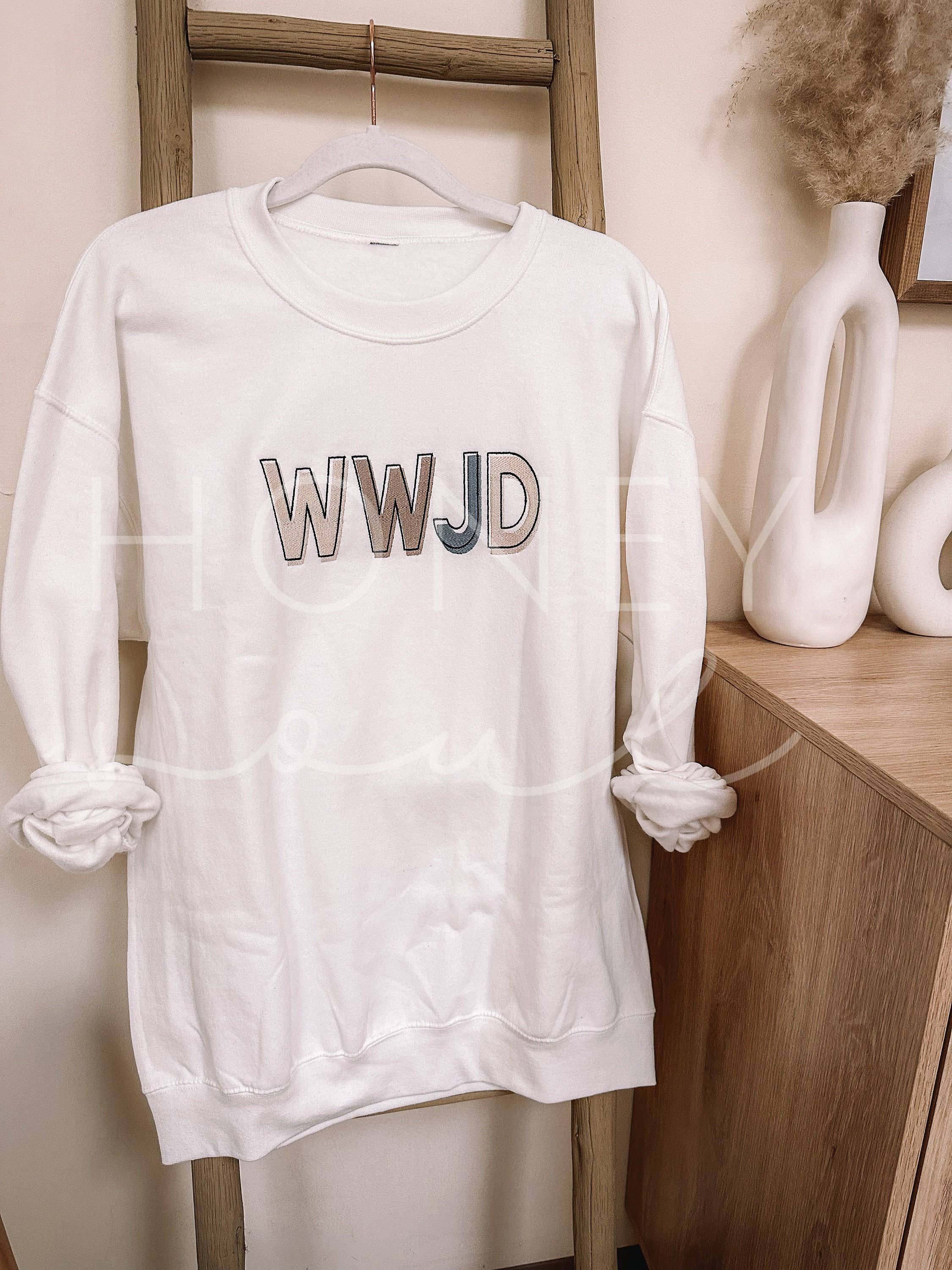 WWJD Block Embroidered Sweatshirt WHITE