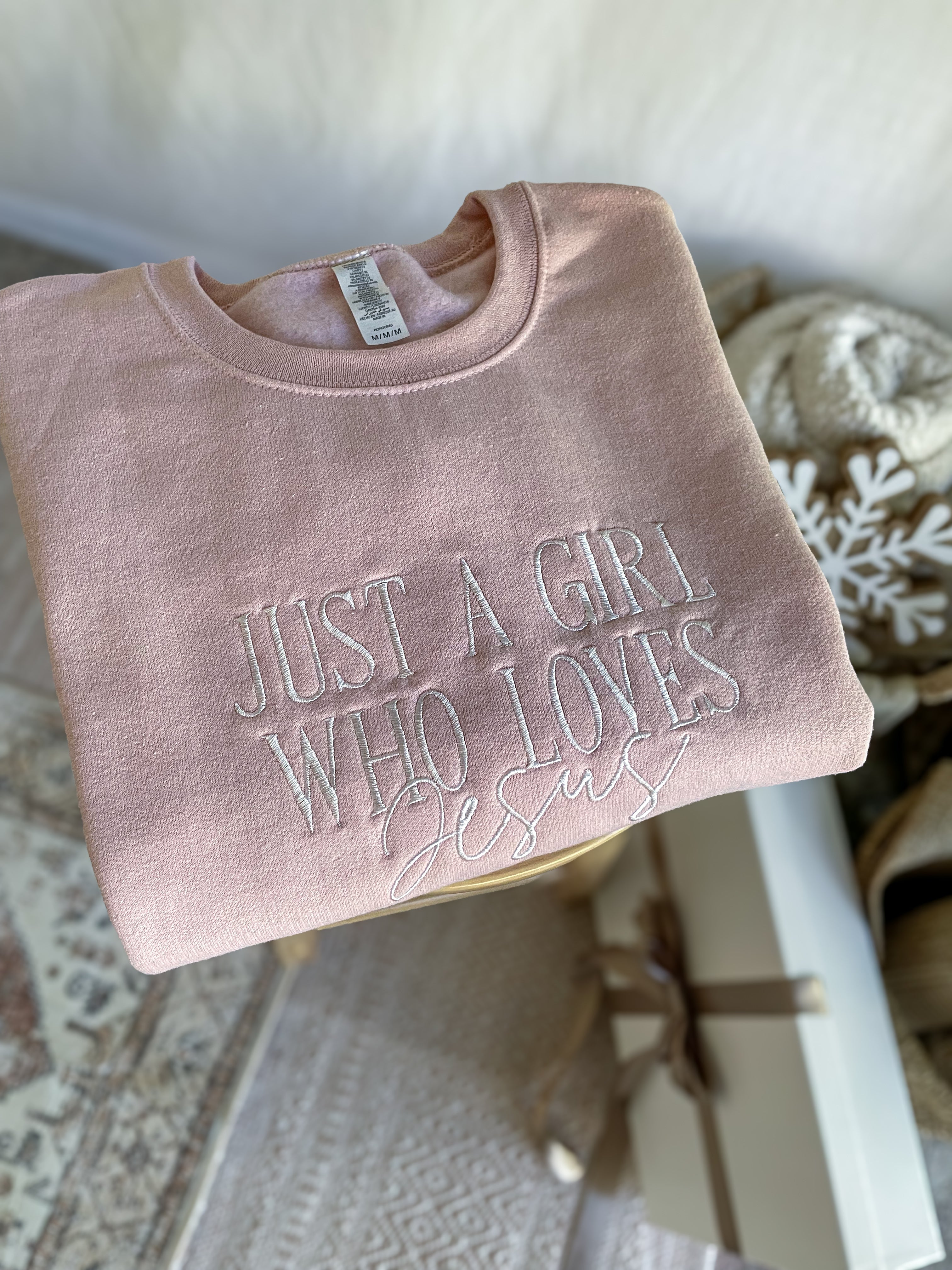 Embroidered JUST A GIRL WHO LOVES JESUS Sweatshirt