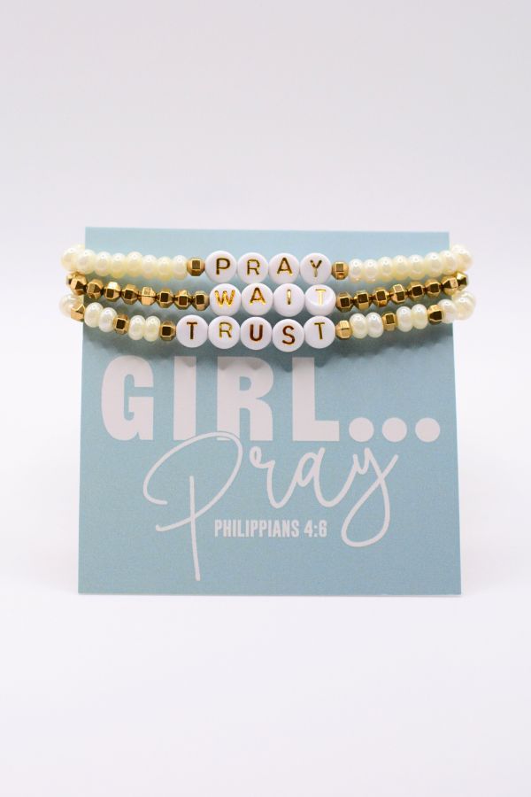 Pray Wait Trust Christian gift letter bracelet set Scripture