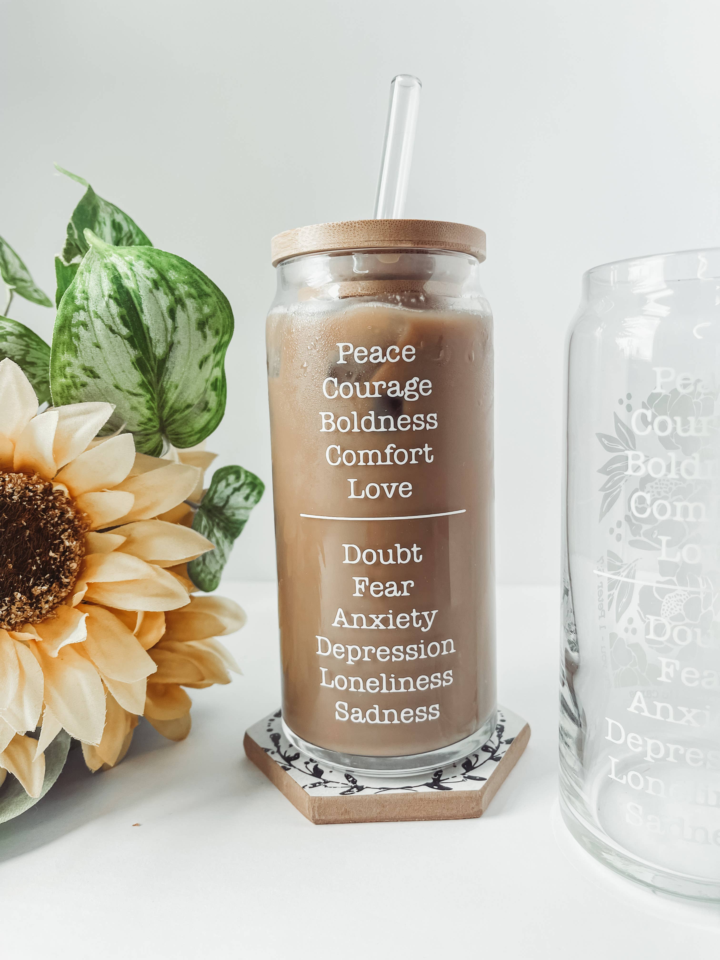 20 oz 1 Peter 5:7 Floral Glass Can