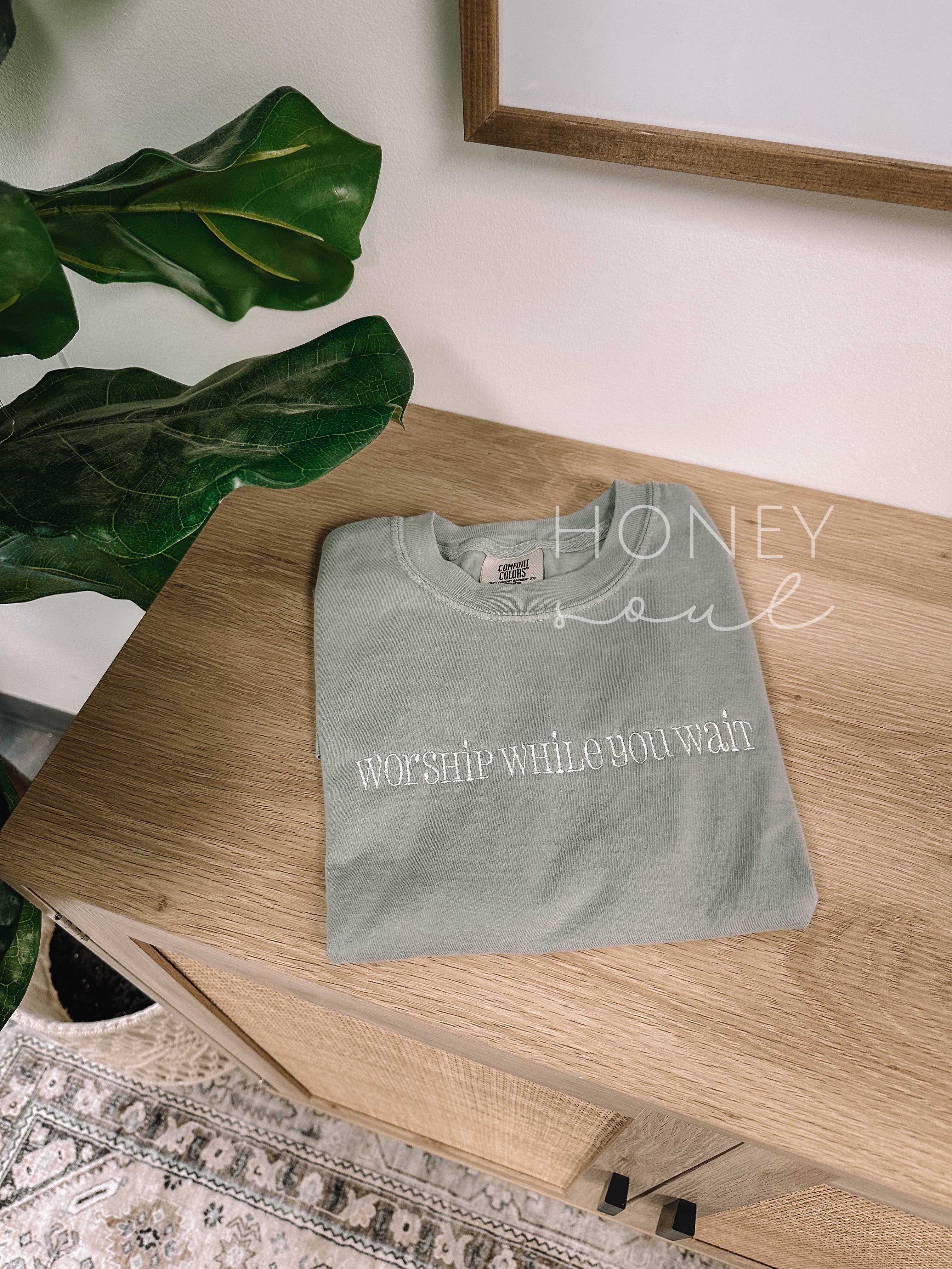 Embroidered Worship While You Wait Summer Tee