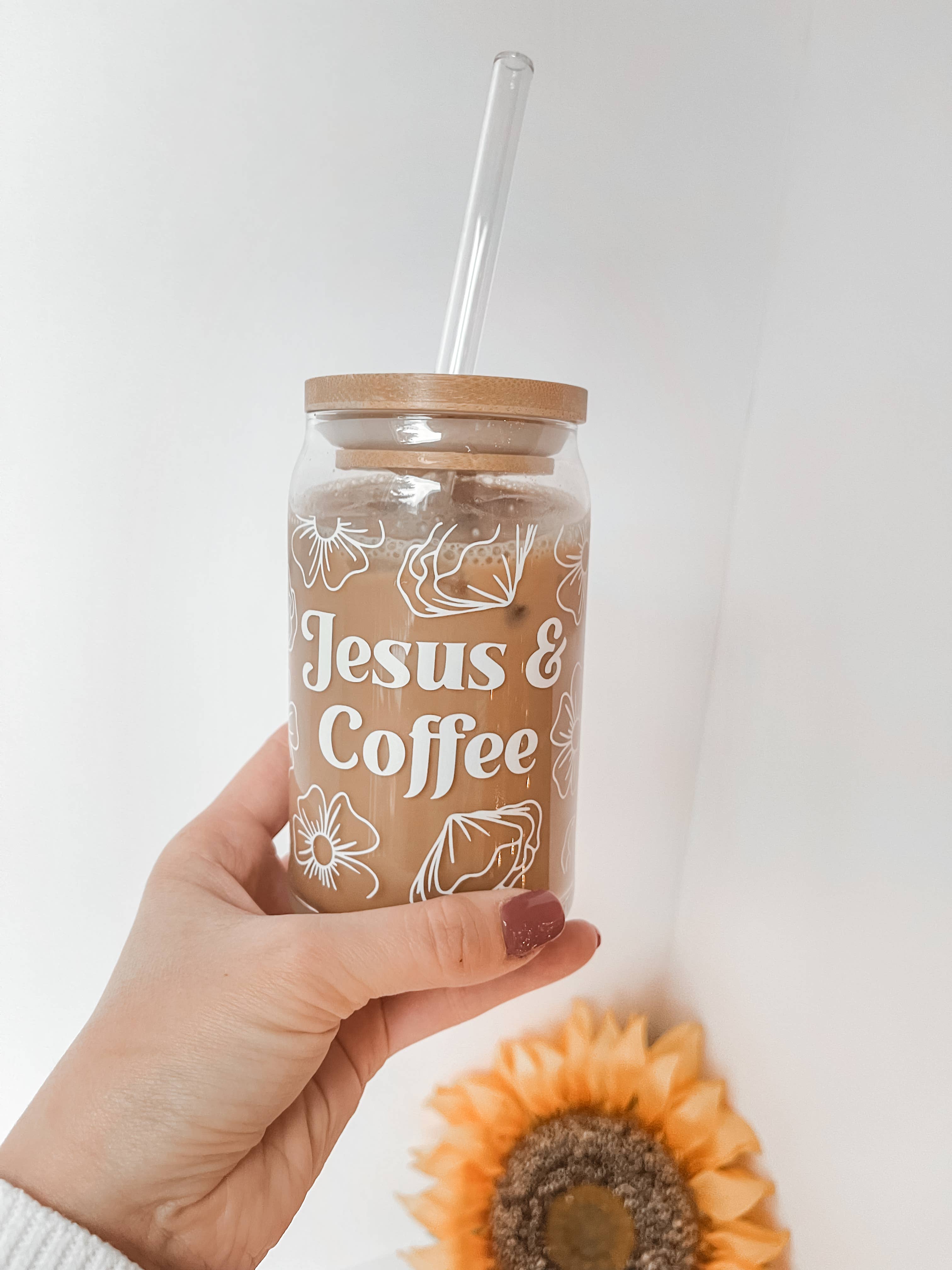 16 oz Jesus and Coffee Glass Can, Dishwasher Safe