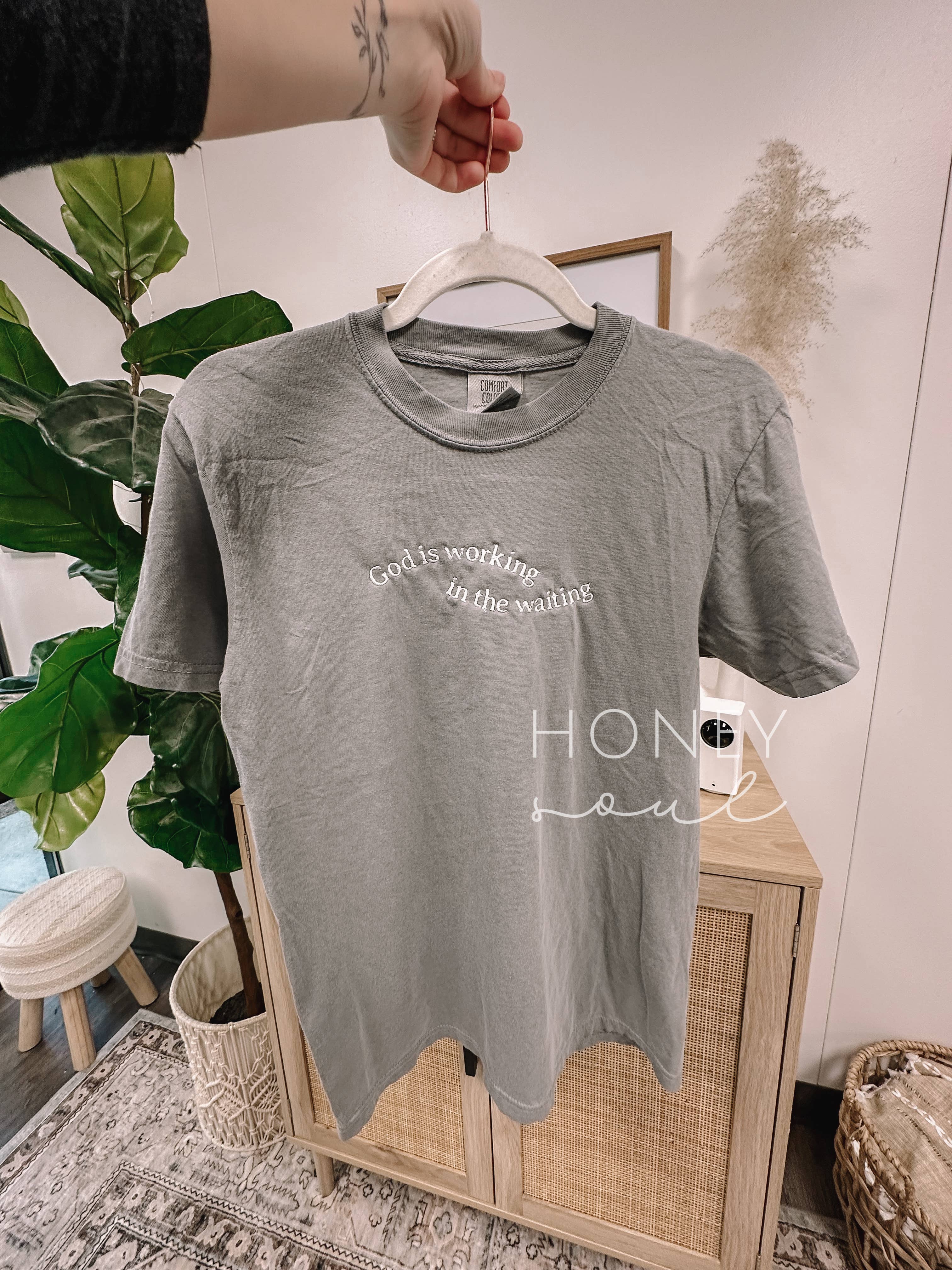 Embroidered God Is Working In The Waiting Summer Tee