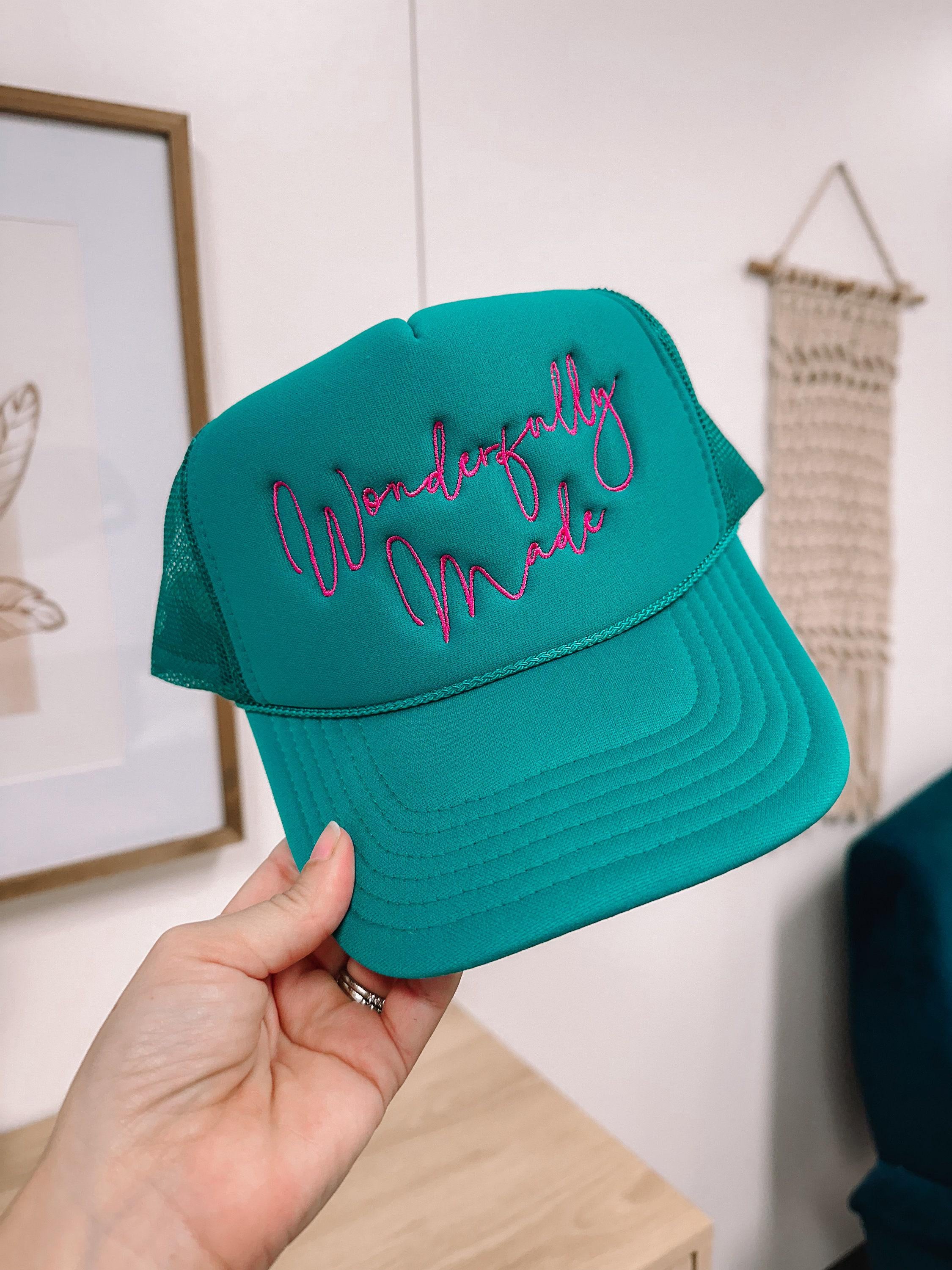 Embroidered Wonderfully Made Teal Foam Trucker Hat