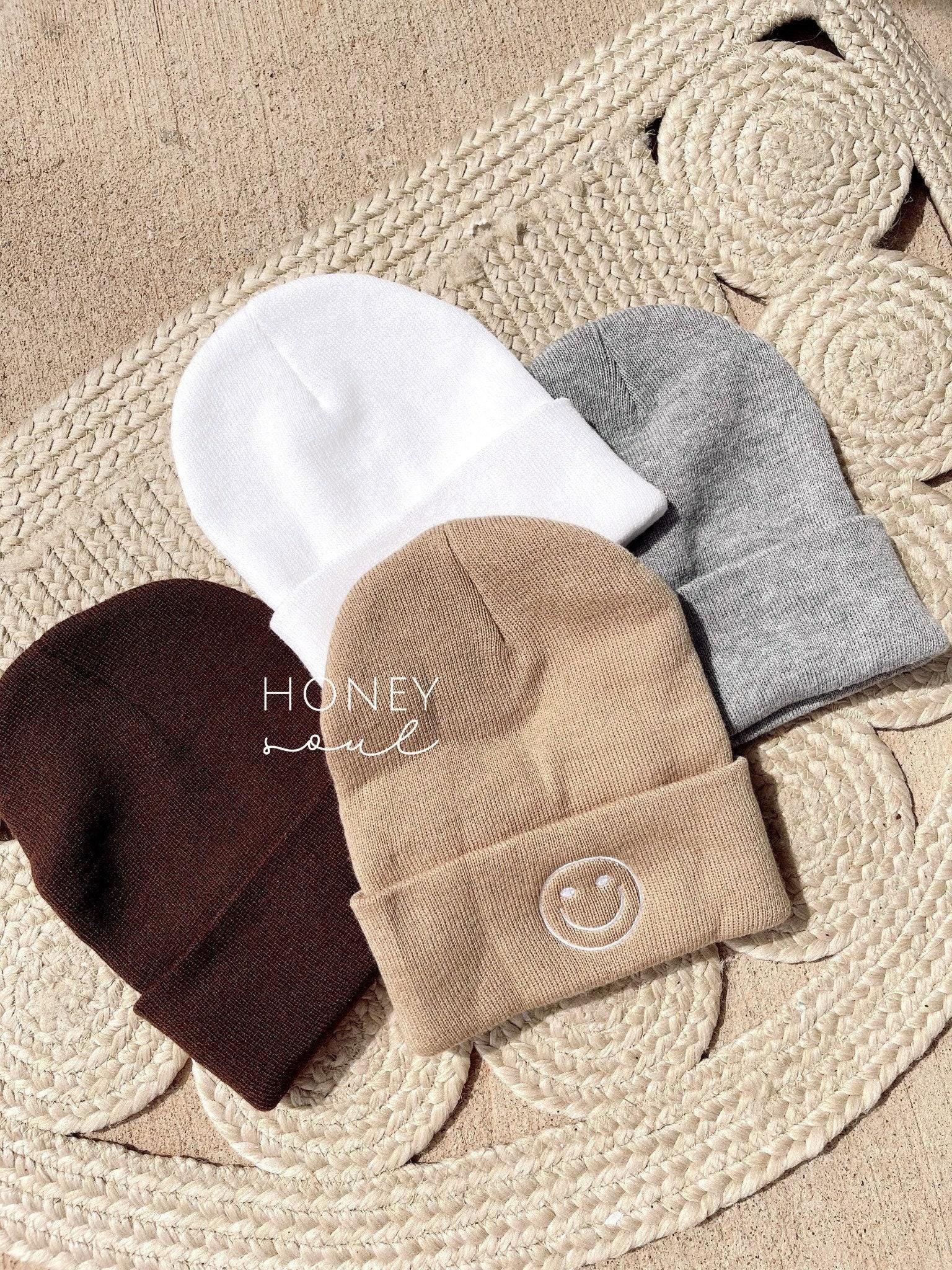 Happy Face Embroidered Knit Beanie