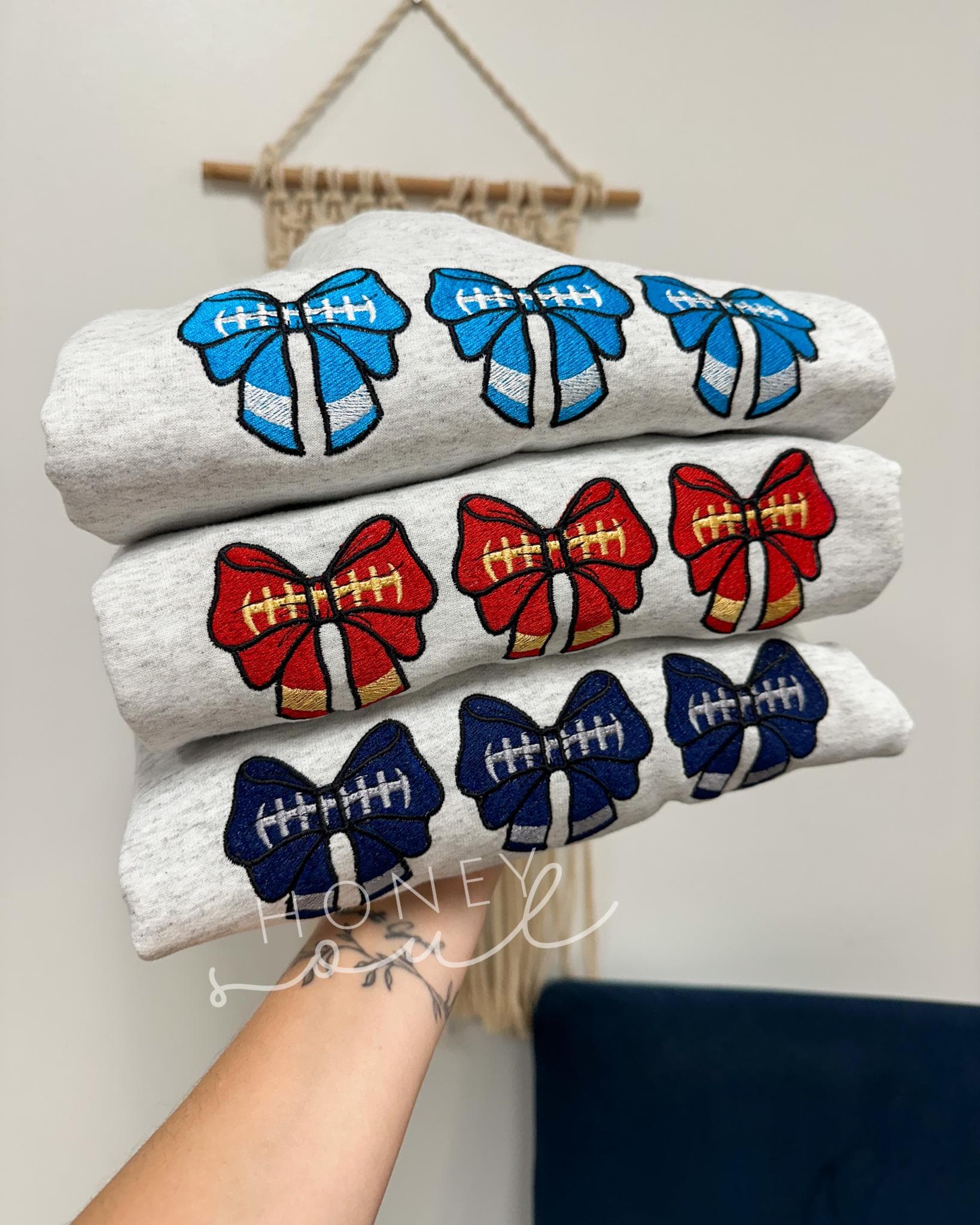 Embroidered Football Bows with team colors sweatshirt