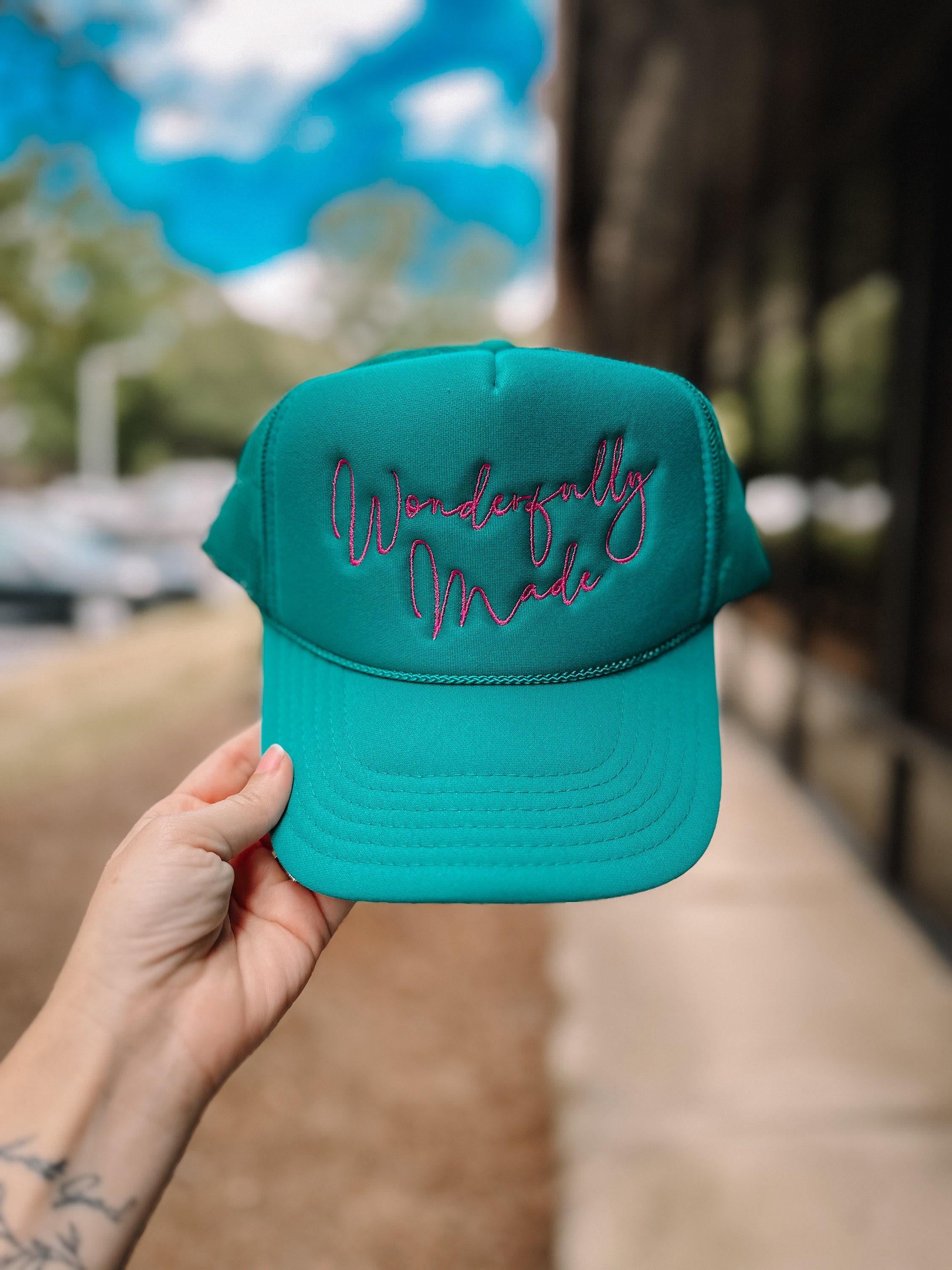 Embroidered Wonderfully Made Teal Foam Trucker Hat