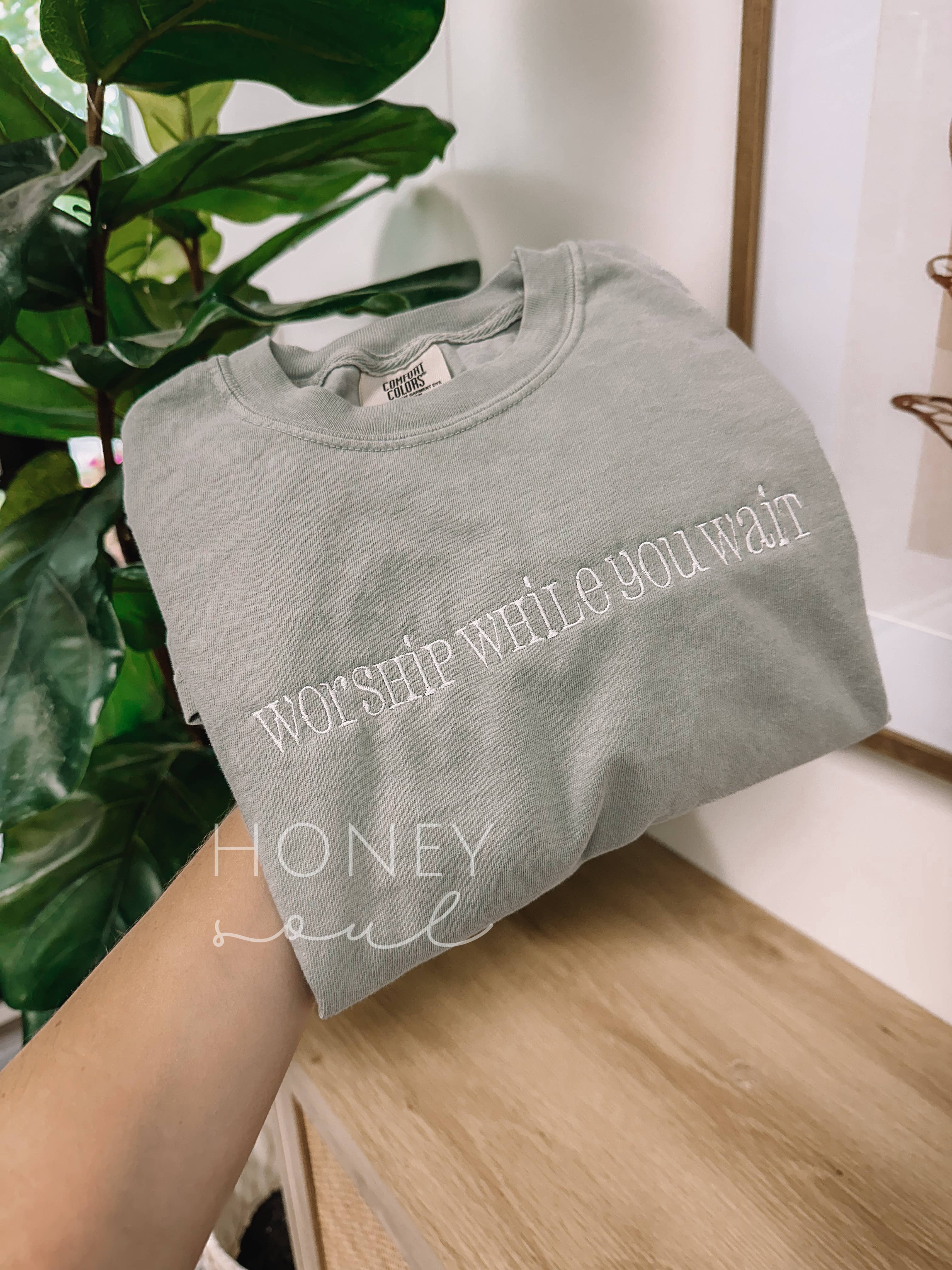 Embroidered Worship While You Wait Summer Tee