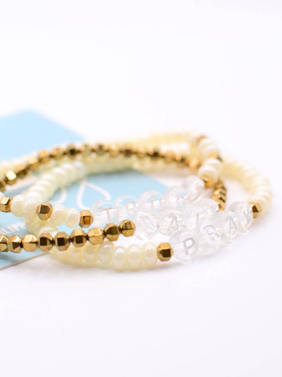 Pray Wait Trust Christian gift letter bracelet set Scripture