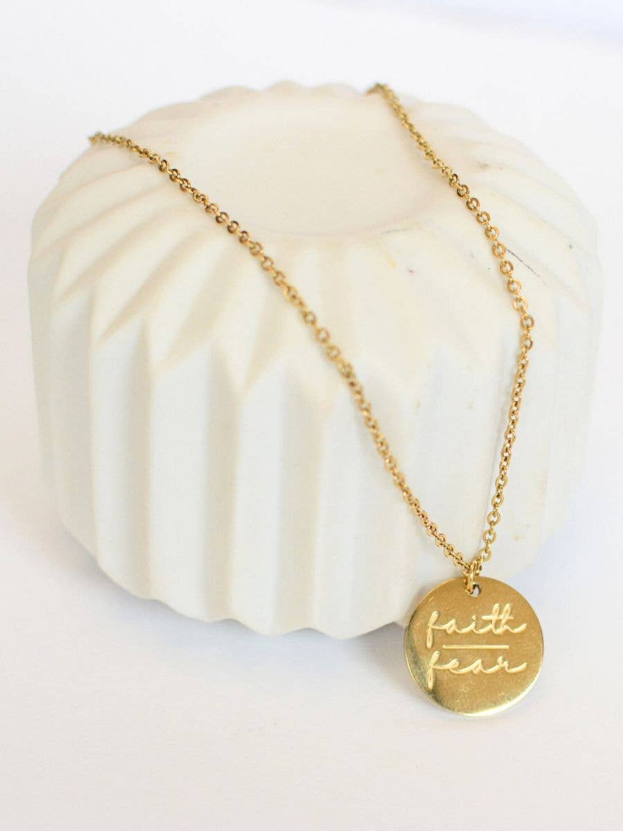 Faith over Fear gold Christian bible charm necklace