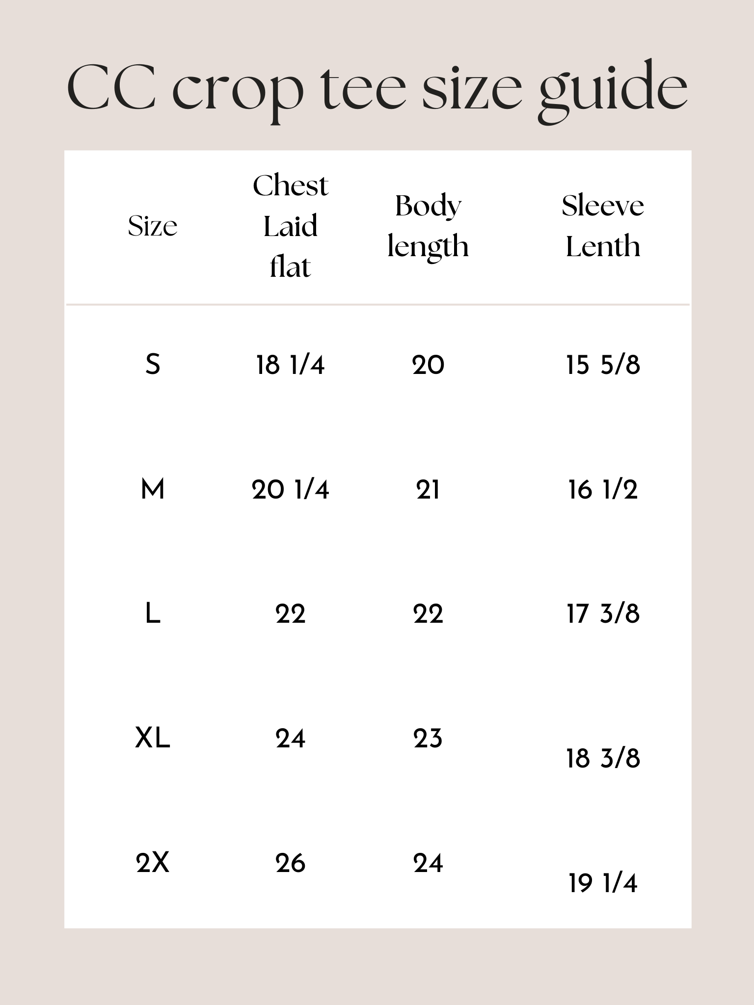 the size guide for a cropped tee shirt