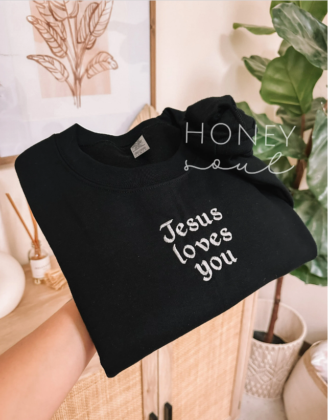 Embroidered Jesus Loves You Sweatshirt