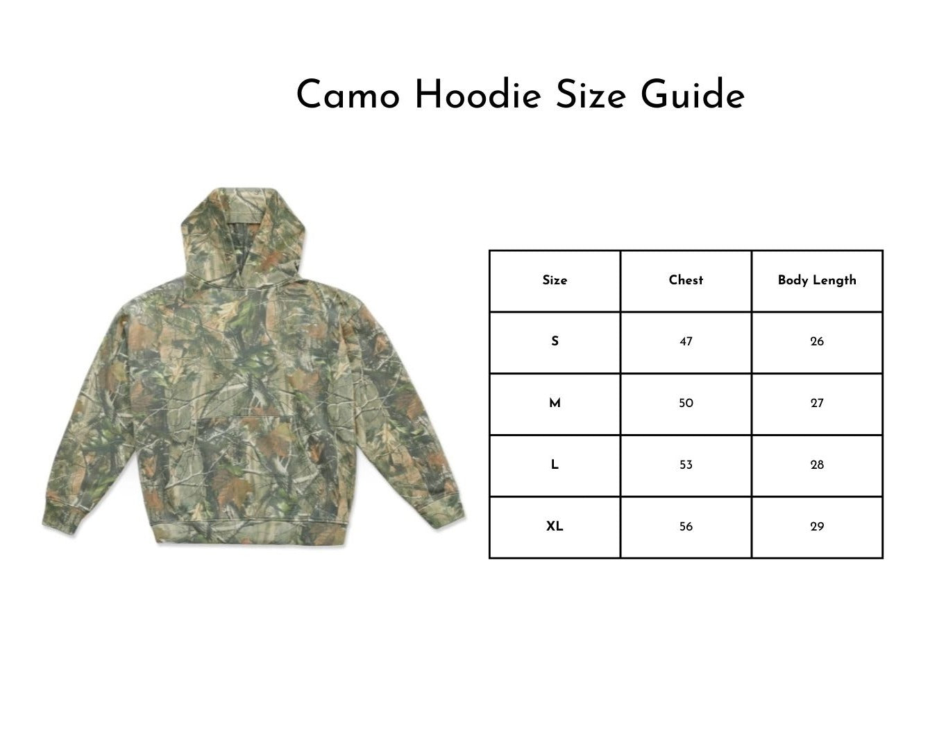 a camo hoodie size guide