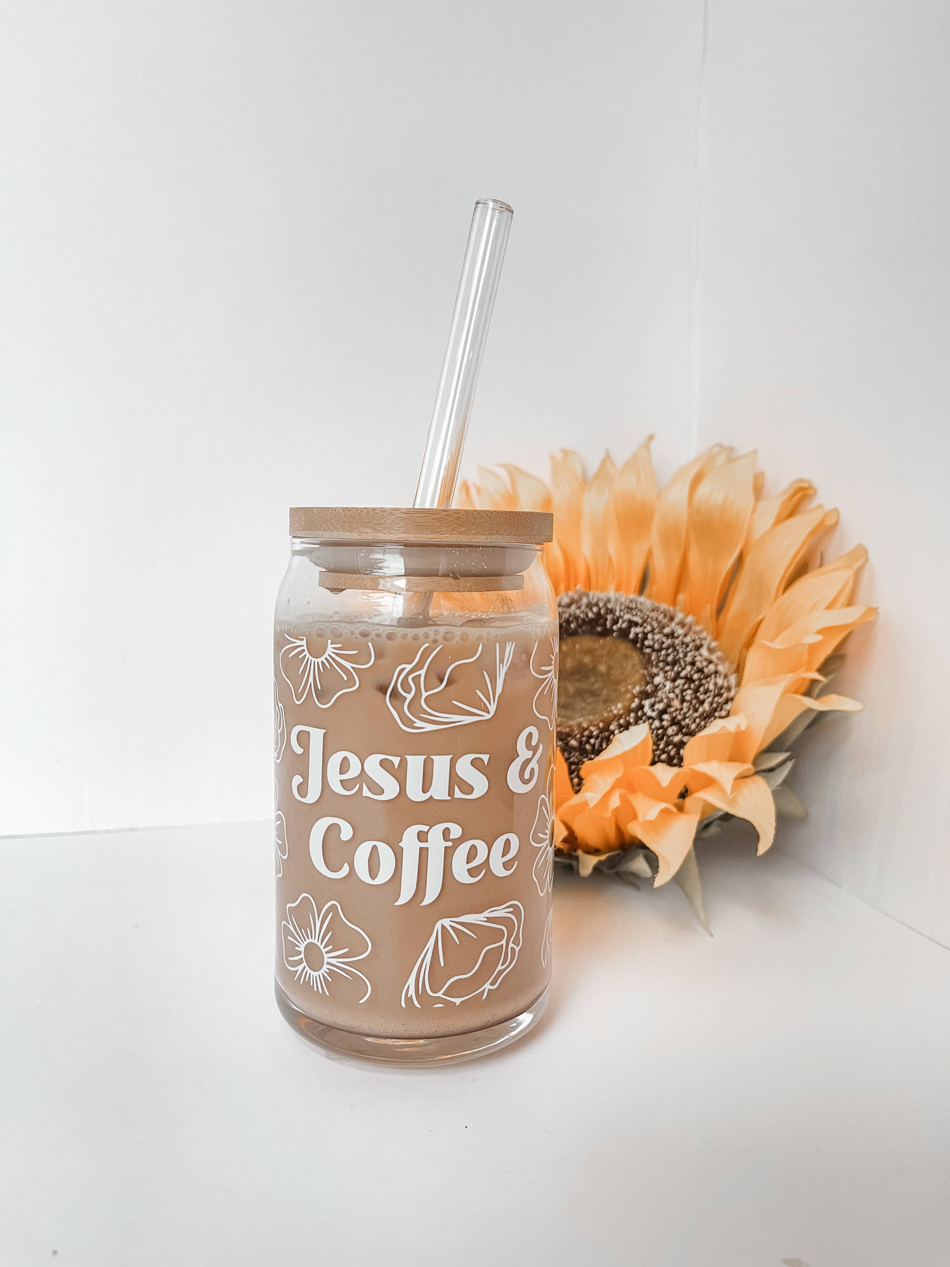 16 oz Jesus and Coffee Glass Can, Dishwasher Safe