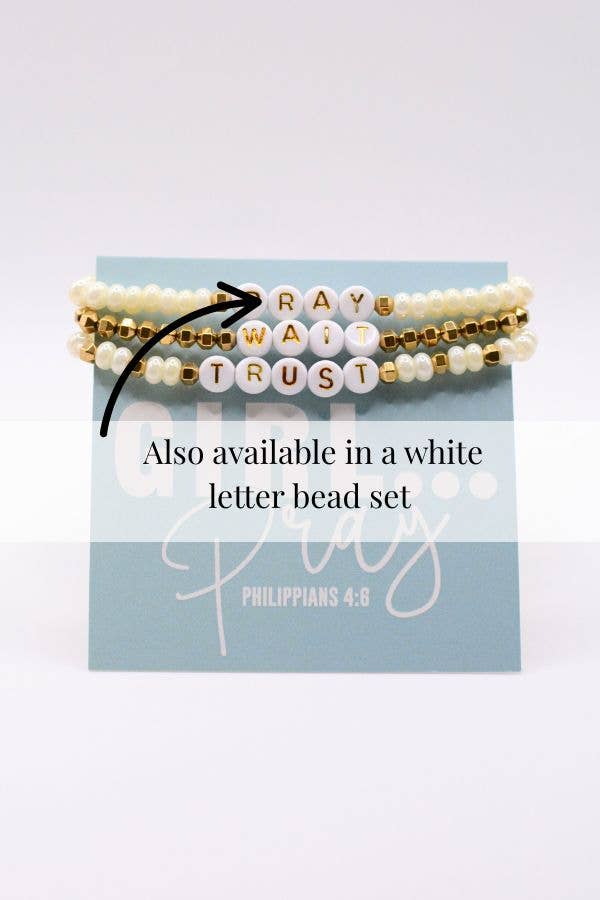 Pray Wait Trust Christian gift letter bracelet set Scripture