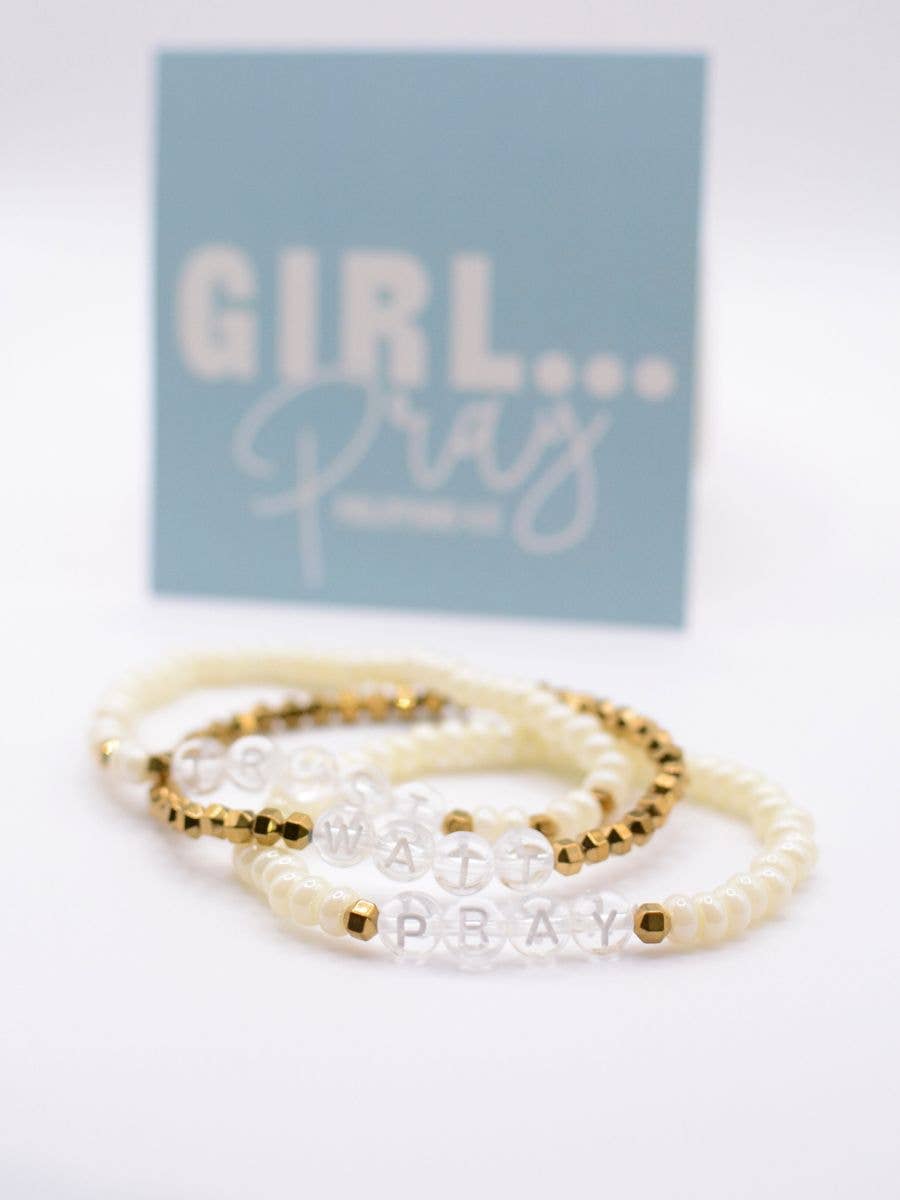 Pray Wait Trust Christian gift letter bracelet set Scripture
