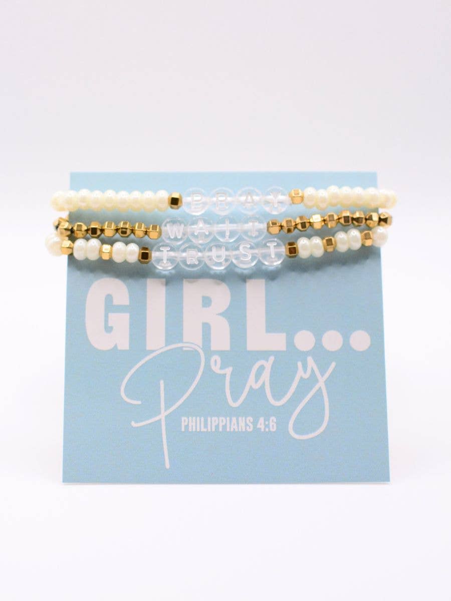 Pray Wait Trust Christian gift letter bracelet set Scripture