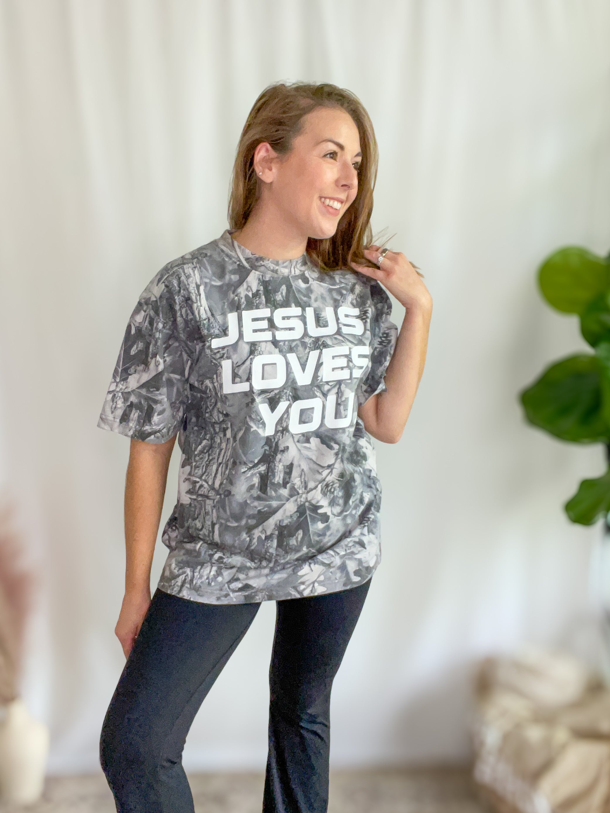 Jesus Loves You Camo Graphic Oversized Tee