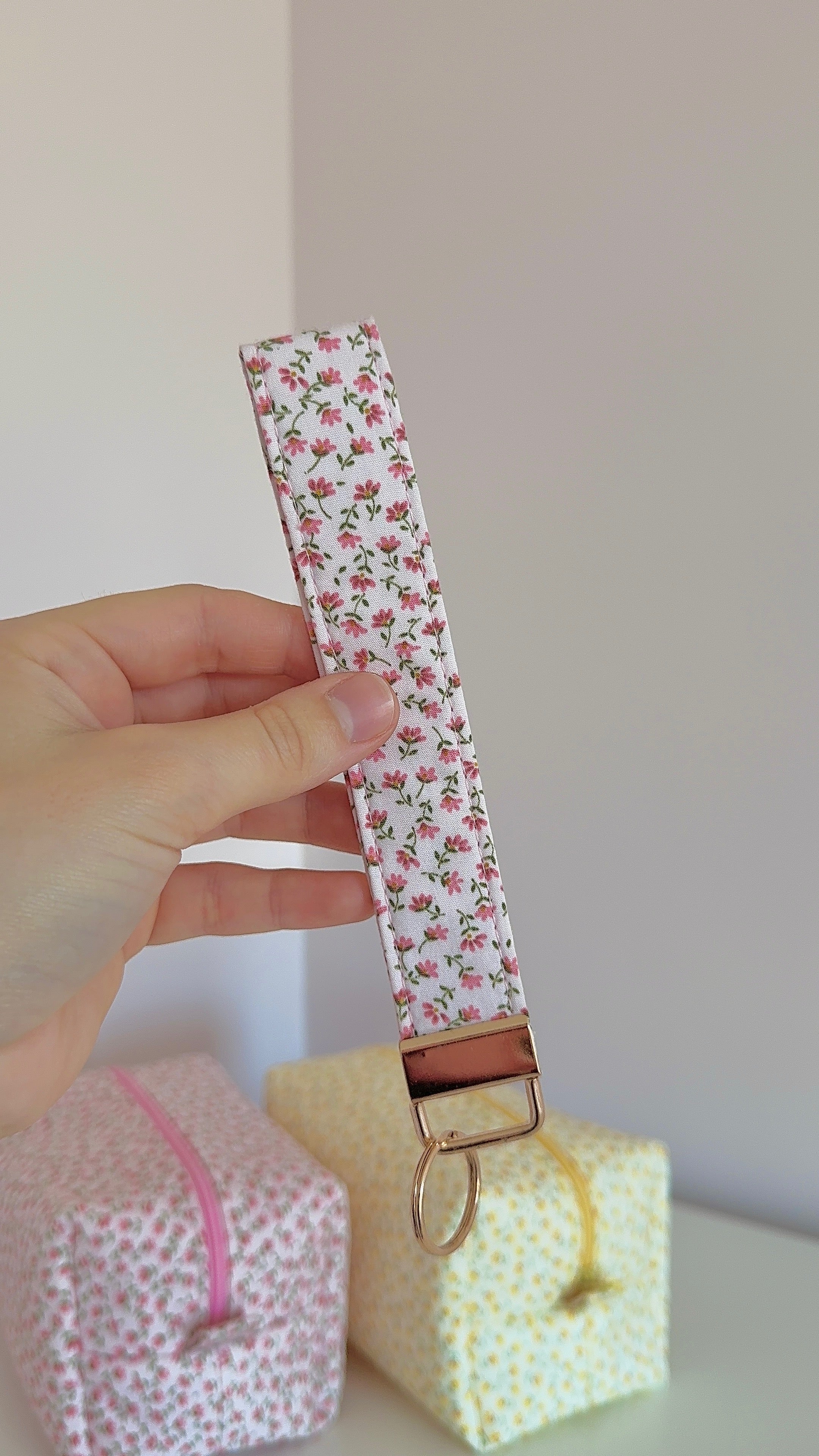 Handmade Pink Floral Keychain Wristlet: Cotton Fabric, Gold Hardware