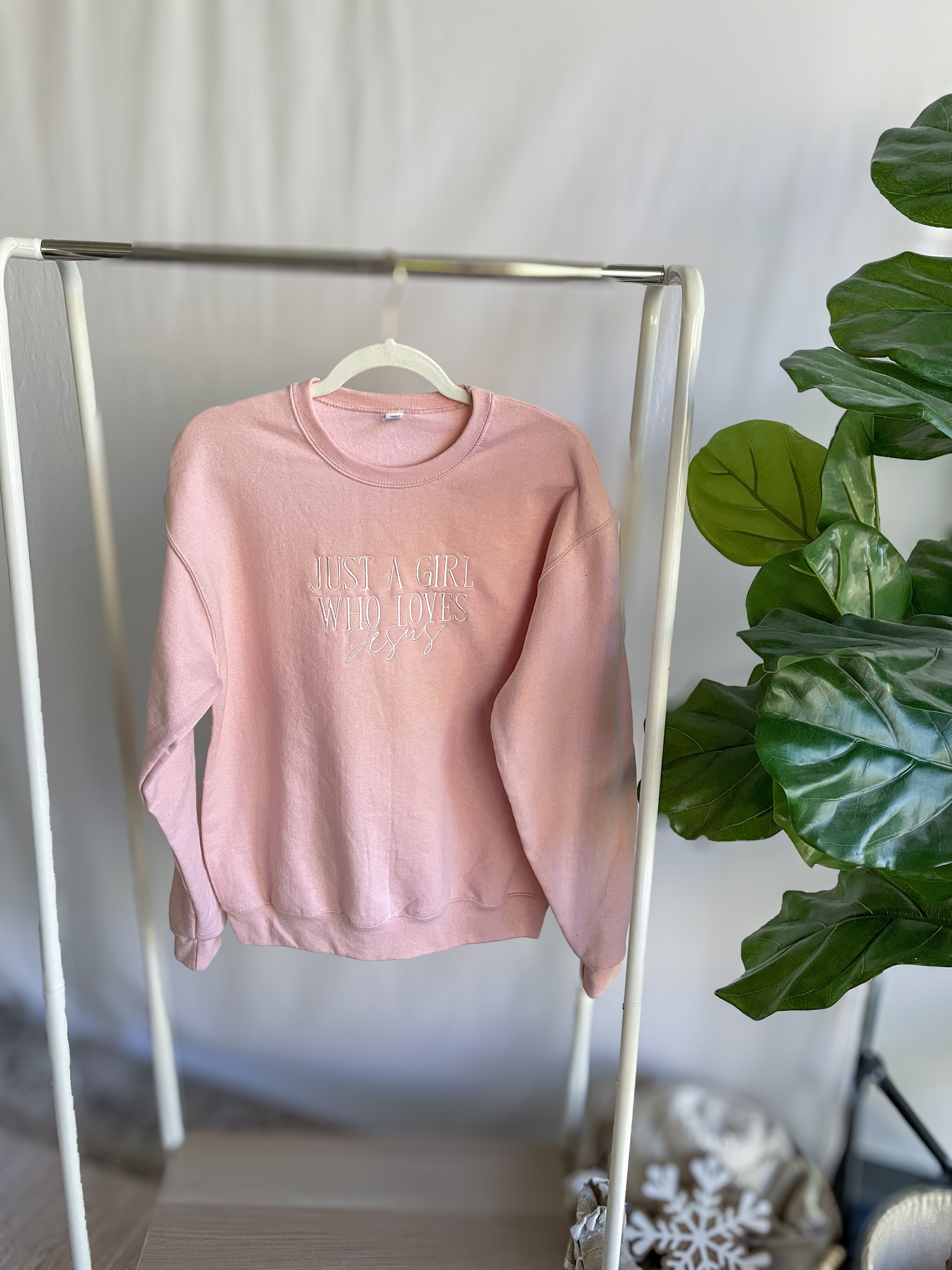 Embroidered JUST A GIRL WHO LOVES JESUS Sweatshirt