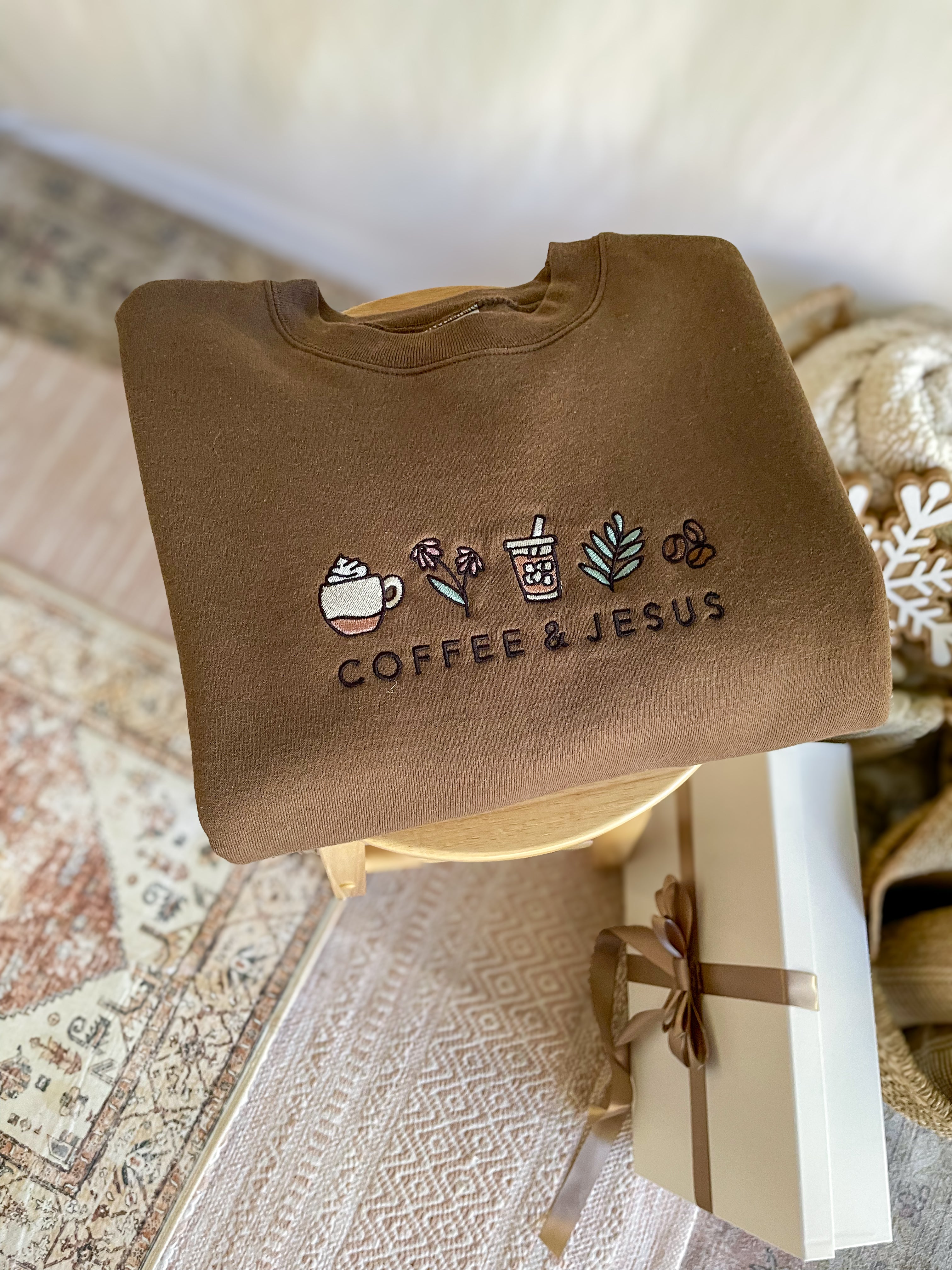 Embroidered COFFEE AND JESUS Sweatshirt
