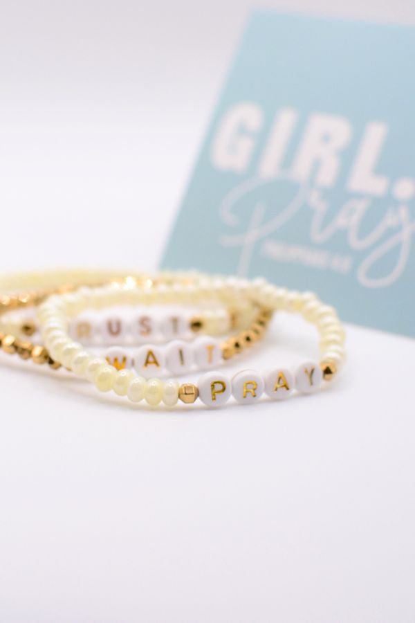Pray Wait Trust Christian gift letter bracelet set Scripture