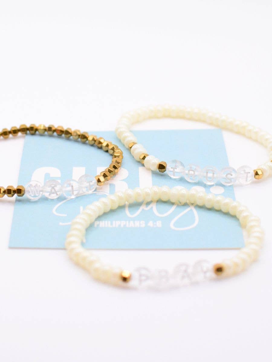 Pray Wait Trust Christian gift letter bracelet set Scripture