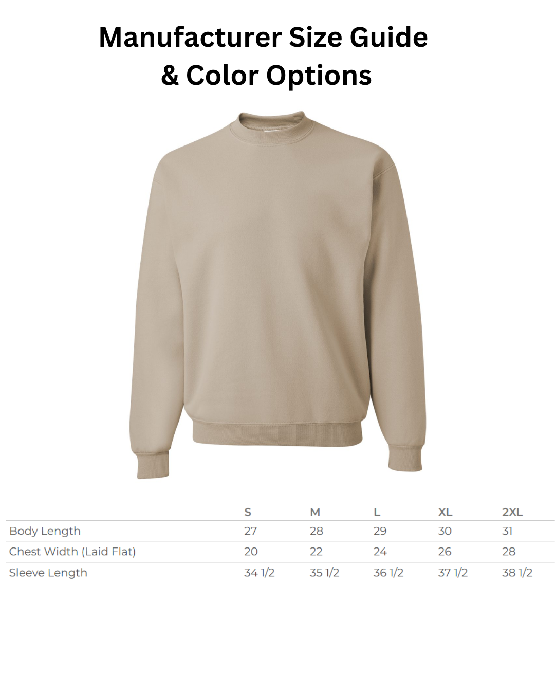 a diagram of the size and measurements of a sweatshirt