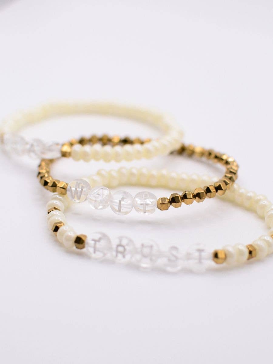 Pray Wait Trust Christian gift letter bracelet set Scripture