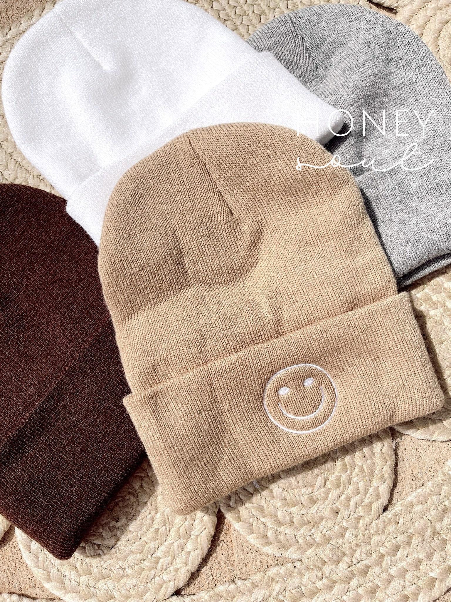 Happy Face Embroidered Knit Beanie