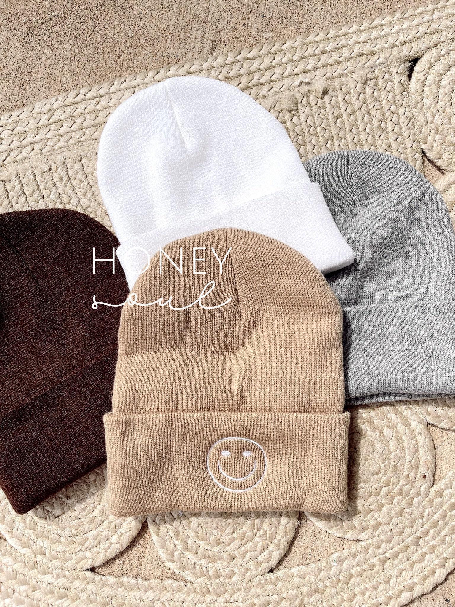 Happy Face Embroidered Knit Beanie